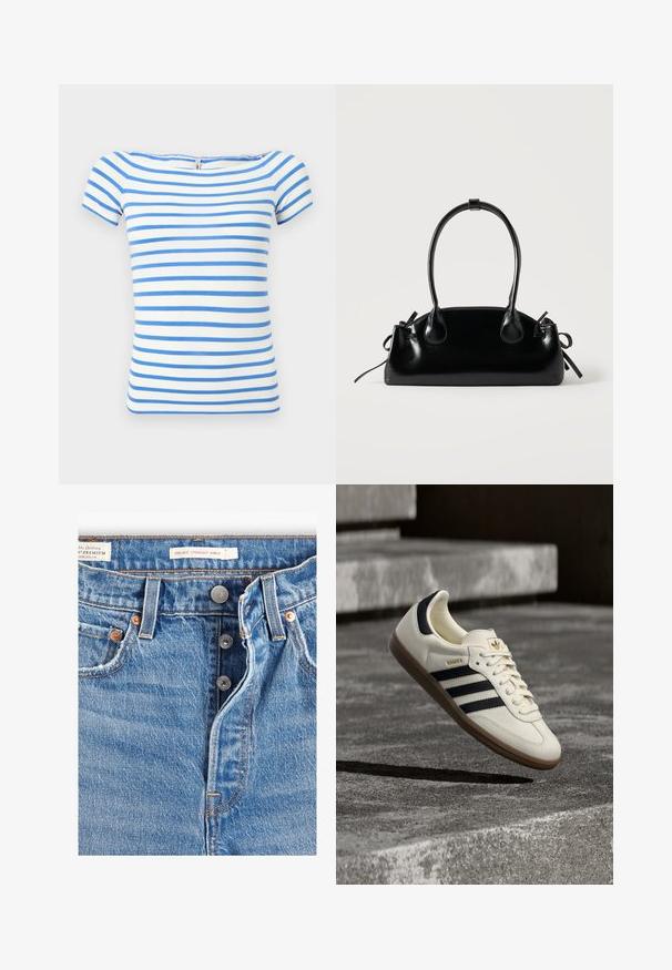 Top blanco de manga corta con rayas horizontales azules y escote amplio.; Jeans de mezclilla azul claro con corte recto a la altura del tobillo. Incluye cinco bolsillos, dos botones de metal y costuras naranjas visibles. Etiquetas presentes.; Zapatilla blanca Adidas Samba con franjas negras y suela de goma, flotando sobre escalones de hormigón gris texturizado.; Pequeño bolso negro brillante con dos asas largas y detalles de cordón lateral sobre un fondo claro liso.