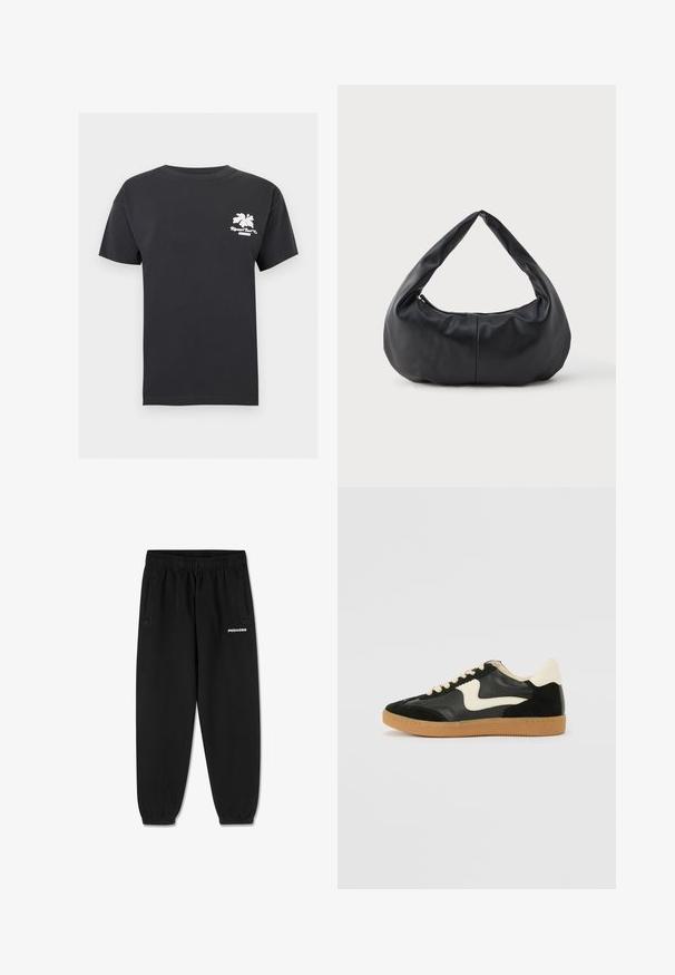 Sort t-shirt med korte ærmer og rund halsudskæring med en lille hvid hibiscusblomst og teksten "Rip Curl Surf Co" på øverste venstre bryst.; Sorte joggebukser med elastisk talje og manchetter, sidelommer og hvid "PEGADOR" logo på det øverste højre ben.; Sorte ruskinds- og lædersneakers med en cremefarvet side-swoosh og lys cremefarvet hæl. Har beige snørebånd og en gummirubber-sål.; Sorte bløde læder halvmåneformet håndtaske med et tykt, polstret håndtag og lynlås lukning i toppen.