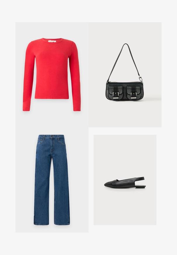Rød langærmet rundhals sweater med tætsiddende pasform og ensfarvet design, vist mod en hvid baggrund.; Blå højtaljede vide ben-jeans med for- og baglommer, knaplukning og synlig syning på en hvid baggrund.; Sort læder flad slingback sko med spids tå og vævet detalje foran, vist fra siden på en hvid baggrund.; Sort struktureret håndtaske med perforeret design, der har to frontlommer med spænder, sølvhardware og en aftagelig rem.