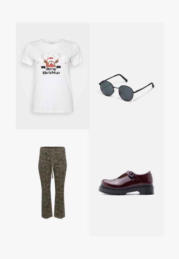 T-shirt blanc à manches courtes avec un graphisme de renne ayant un nez rouge, des bois et un chapeau de Noël, accompagné de "Joyeux Noël" en noir.; Pantalons à taille élastique avec cordon de serrage, au motif zèbre khaki et beige. Design à taille mi-haute et jambes évasées, texture douce. Conviennent pour un usage décontracté.; Chaussure en cuir verni bordeaux avec un bout rond, une boucle ajustable et une semelle plateforme noire épaisse à texture rainurée.; Lunettes de soleil en métal noir avec des verres ronds, teintés foncés, branches fines et plaquettes de nez réglables, arborant un design minimaliste sans logo visible.