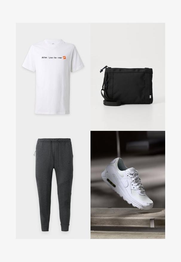 Valge lühikeste varrukatega T-särk, millel on halli ja mereväe sinise värvi tekst "Nike Sportswear" ning oranž Nike logo rinnal.; Tumedashallased Nike spordipüksid, millel on nööriga vöökoht, lukuga küljetasku, kitsenevad jalad ja soonikkoes konktid valgel taustal.; Valged Nike Air Max 90 sneakers, millel on võrkkangast ja nahast ülemine osa, aukudega varbadosa ning nähtav õhuüksus kandades.; Must mustra asendiga must kott, millel on tekstuuriga välimus, reguleeritav rihm ja nööriga sulgemine. Omab julgeid õmblusi ja külglabelit.