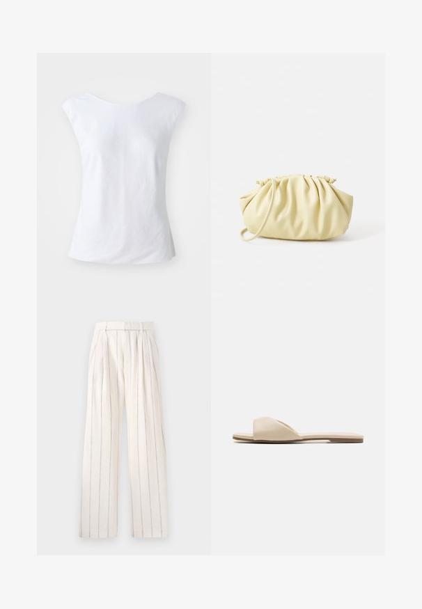 Débardeur blanc sans manches avec un col rond, fabriqué à partir d'un tissu texturé. Design simple et sans ornements avec une coupe décontractée.; Pantalon large plissé en tissu blanc cassé avec de fines rayures verticales grises. Dispose d'une taille ajustée et d'une coupe décontractée au niveau des jambes.; Des sandales plates en matériau beige doux, avec un design ouvert à l'avant, une texture lisse et une forme minimaliste, accompagnées d'une semelle marron clair.; Sac à main plissé jaune en simili cuir lisse, arborant une forme douce avec une bandoulière unique et un design froncé sur le dessus.