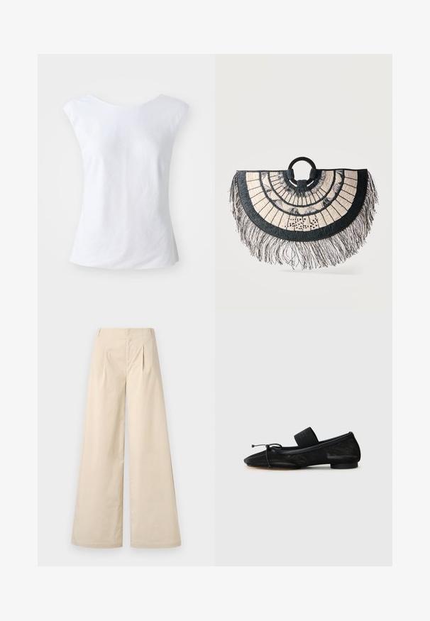 Valkoinen huoleton, ilman hihoja oleva paita, jossa on pyöreä pääntie, valmistettu teksturoidusta kankaasta. Yksinkertainen, koristamaton muotoilu ja rento istuvuus.; Beige leveled trousers dengan pinggang tinggi, lipatan depan, dan tekstur katun yang halus. Dilengkapi dengan kantong samping dan desain yang bersih serta terawat.; Musta litteä kenkä, jossa on terävä kärki, valmistettu teksturoidusta kankaasta, ja siinä on nauhaaksentti sekä pieni, pyöreä korko. nilkkaremmillä.; Mustavalkoinen ja kerma valkoinen puolipyöreä kudottu käsilaukku, jossa on tupsureunus ja pyöreät mustat kahvat, geometrisellä kuviolla.