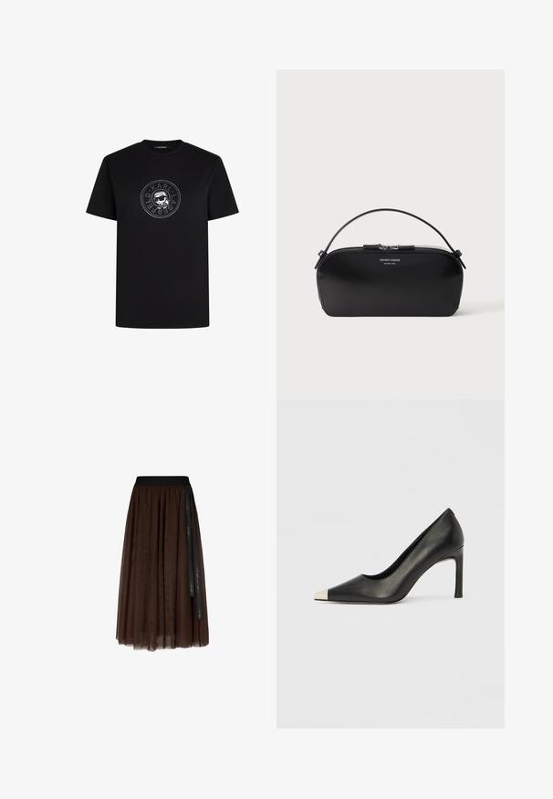 Sort kortærmet t-shirt med rund halsudskæring og en cirkulær hvid grafik, der viser en stiliseret person med solbriller omgivet af tekst.; Brun midi-længde tylskørt med sort elastisk talje og lang sort bånddetalje hængende på den ene side.; Sort læder højhælet sko med spids tå og metal-sølv hætte. Har en glat finish og en slank hæl på 10 cm.; Sort læderhåndledstaske med sølv lynlås og kort hank, prægede Emporio Armani Milano 1981-logo foran.