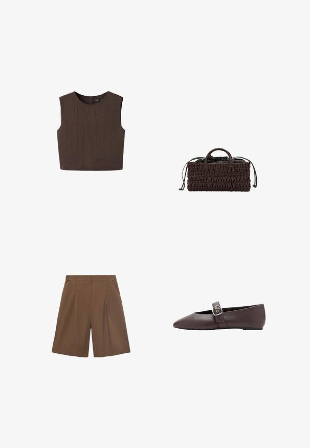 Donkerbruin mouwloos cropped top met een ronde halslijn, gemaakt van gestructureerde stof, plat liggend getoond op een witte achtergrond.; Bruine op maat gemaakte shorts met een vlakke voorkant, plooien en zijzakken. Gemaakt van een lichte stof, met een relaxte pasvorm en afgebiesde randen.; Bruine platte schoen met puntige neus, een zilveren gespsluiting over de wreef, gladde leren textuur en een lage hak.; Rechthoekige donkerbruine geweven handtas met twee korte handvatten en een zwarte stoffen tasje met trekkoord aan de binnenkant.