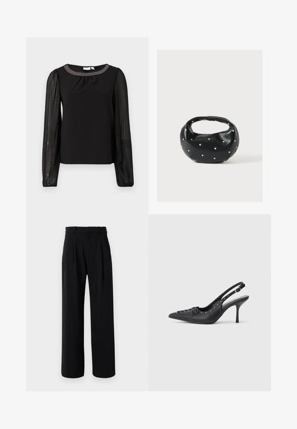Top negro con mangas largas y transparentes y un escote fruncido. El cuello presenta adornos metálicos que ofrecen un contraste con la tela suave.; Pantalones rectos de tiro alto en negro con piernas anchas, presillas para cinturón y pliegues en la parte delantera sobre un fondo blanco.; Sandal de tacón stiletto negro de cuero con punta afilada, correa lateral con hebilla, tachuelas a lo largo del borde y cordones decorativos en la parte delantera.; Bolso de mano de cuero negro con forma redondeada, decorado con detalles de tachuelas plateadas y un asa corta. Textura lisa y cierre con cremallera.