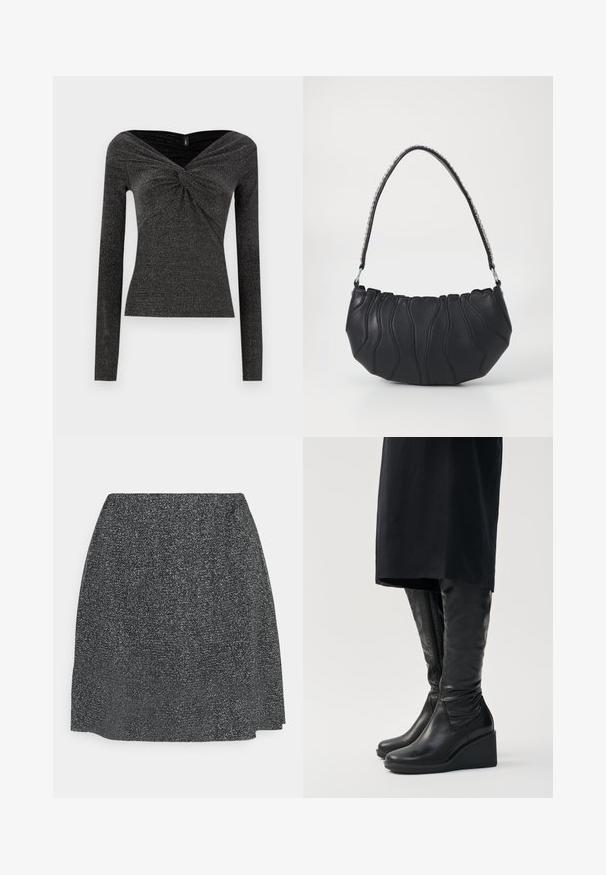 Must musta, millel on keerdunud esi, valmistatud tekstuurist ja sädelevast kangast. Omab laia, õlavarte välistavat kaelaava.; ONLY ONLLEA - Miniseelik - black/silver-coloured; Mustad nahast põlvekõrgused saapad kaldega kontsaga, millel on sile tekstuur ja külgkleebis. Disainitud voolujoonelise, keha järgi istuva siluetiga.; Mustast nahast käekott kaarduva kujuga, lainelise õmbluse detailiga ja hõbedase ketirihmaga. Sile tekstuur, kompaktne suurus.