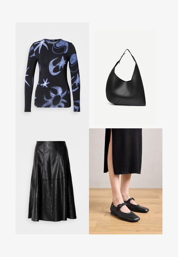 T-shirt à manches longues noir avec des motifs abstraits bleus ; confectionné en tissu doux avec un col ras du cou et une coupe ajustée.; Jupe en cuir noir avec une silhouette évasée, présentant des coutures visibles et une texture lisse. Conception mi-longue avec une coupe classique.; Ballerines Mary Jane en cuir noir avec un petit talon, présentant un bout rond et un détail de boucle sur le côté. Le design texturé améliore l'attrait visuel.; Sac à épaule en cuir noir avec forme triangulaire incurvée, une seule sangle ajustable, et une couture diagonale visible à l'avant.