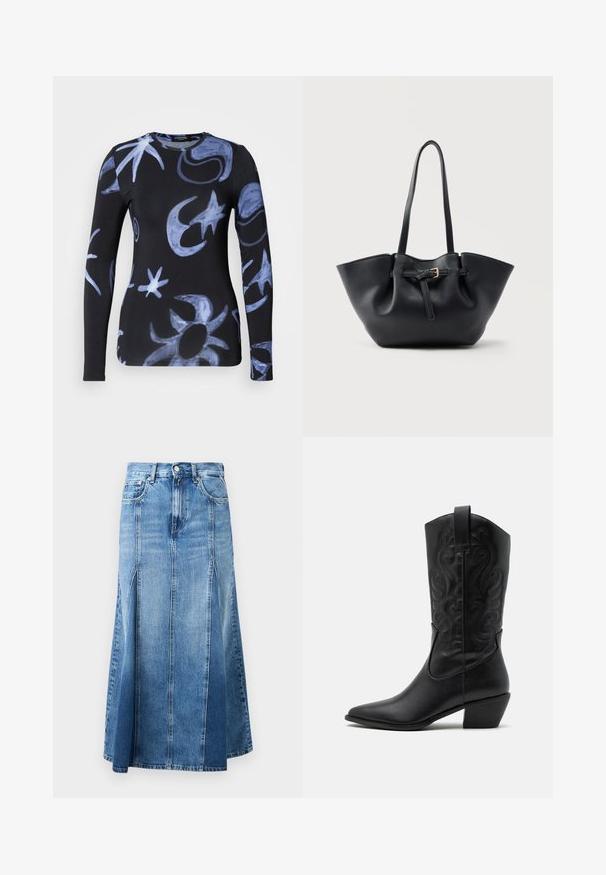 Langærmet sort top med abstrakte blå mønstre; lavet af blødt stof med rund hals og tætsiddende design.; Denim nederdel med en lys til mørk blå gradient, knælængde, med lige snit, frontslids og klassisk knap- og lynlås-lukning.; Sorte læder cowboystøvler med spids tå, præget svungen mønster og en mid-højde hæl. Har en trækflap for nemt at tage på.; Sort lædertaske med lange håndtag og en frontrem med en lille gylden spænde, sat mod en ensfarvet baggrund.
