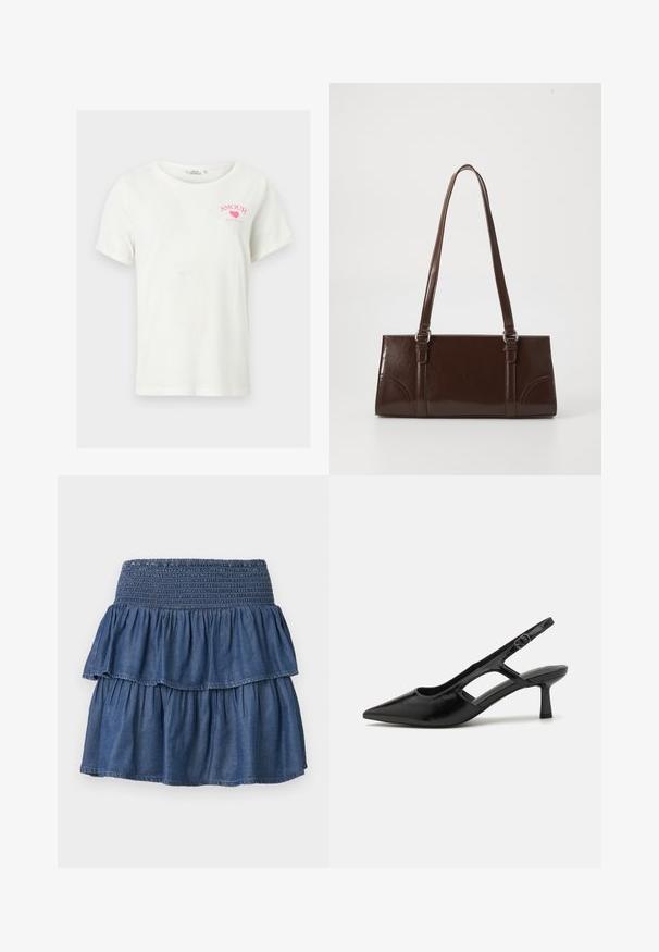 Witte T-shirt met korte mouwen, met een roze hart en de tekst "AMOUR SINCE 1991" op de linkerborst.; Blauwe gelaagde denimrok met brede geplooide tailleband en twee geplooide lagen op een effen achtergrond.; Zwarte slingback hakken met een spitse neus, gemaakt van glanzend materiaal, met uitsnijdingen en een gematigde hak voor ondersteuning.; Bruine lakleren handtas met een rechthoekige vorm, twee lange handvatten en subtiele gebogen accenten aan de voorkant.