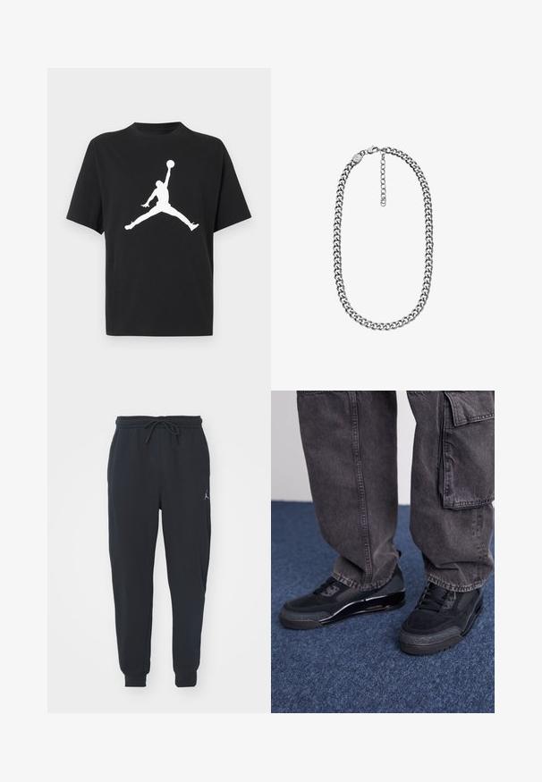 Zwart T-shirt met korte mouwen met een witte silhouet van een basketbalspeler die springt en een bal boven het hoofd houdt in een ster-sprong houding.; Zwarte joggingsbroeken van zachte stof, met een elastische tailleband met trekkoord, geribbelde boorden en een klein logo op de linker dij.; Zwarte sportieve schoenen met een gestructureerd oppervlak, gladde accenten en een chunky zool, gecombineerd met donkere, loszittende cargo pants.; Zilverkleurige curb ketting met een karabijnsluiting en verstelbare verlengketting op een witte achtergrond.