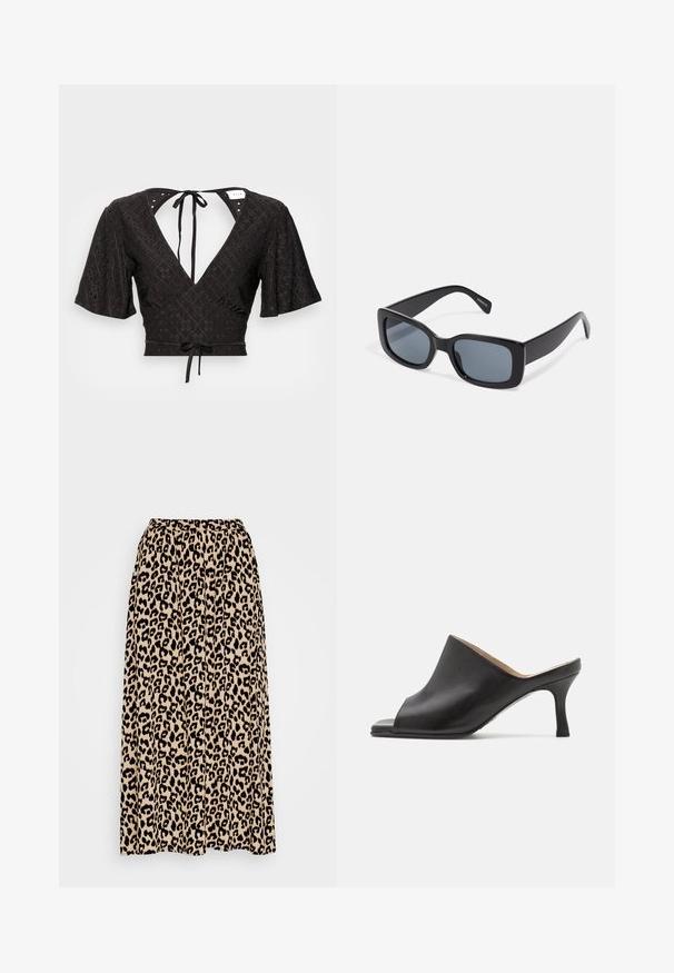 Sort cropped bluse med korte puffærmer, dyb V-udskæring og en sløjfe i ryggen. Stoffet har et tekstureret mønster med udskæringer.; Leopartrykt midi-nederdel i beige og sort. Har en elastisk talje og en plisseret design for øget bevægelse og pasform.; Selected ASHLEY - Mules med hæl - black; Sorte rektangulære solbriller med mørkt tonede linser, tyk plastramme og brede stænger. Glat overflade og kantet design.