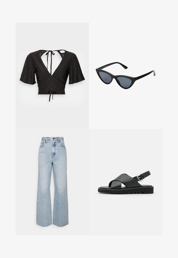 Zwarte cropped blouse met korte puffmouwen, een diepe V-hals en een strik aan de achterkant. De stof heeft een gestructureerd patroon met uitsparingen.; Lichtblauwe denim broek met wijde pijpen, hoge taille, klassiek vijfzakkenontwerp en contrasterende stiksels. Rauwe zoom aan de onderkant.; Zwarte leren sandalen met een kruisbandontwerp, verstelbare gesp en een gestructureerde zool met ribbels voor grip.; Zwarte cat-eye zonnebril met donkergrijze lenzen, slank plastic frame, puntige hoeken en rechte pootjes. Geen zichtbare hardware of accenten.