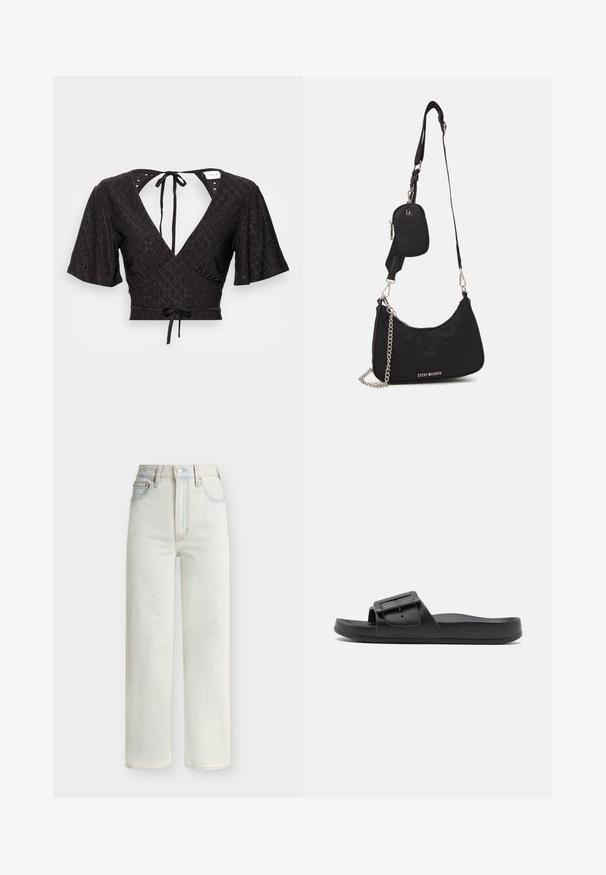 Blouse noire crop avec des manches bouffantes courtes, un décolleté en V profond et un lien au dos. Le tissu présente un motif texturé avec des découpes.; Jean en denim bleu clair à taille haute avec jambe droite, boutons à l'avant, fermeture éclair et cinq poches.; Sandale noire à semelle plate avec une large sangle, boucle ajustable et texture mate lisse. Design simple sans motifs supplémentaires.; Sac en nylon noir à l'épaule avec une forme incurvée, accent en chaîne argentée, pochette mini amovible et bandoulière ajustable ; présente le logo "Steve Madden".