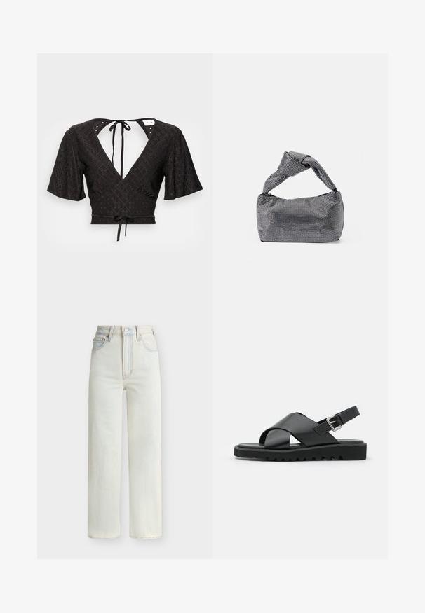 Zwarte cropped blouse met korte puffmouwen, een diepe V-hals en een strik aan de achterkant. De stof heeft een gestructureerd patroon met uitsparingen.; Lichtblauwe denim jeans met hoge taille, rechte pijpen, vooraan sluiting met knopen en rits, en een ontwerp met vijf zakken.; Zwarte leren sandalen met een kruisbandontwerp, verstelbare gesp en een gestructureerde zool met ribbels voor grip.; Zwarte en zilveren handtas met een gestructureerd oppervlak dat een diamanten patroon vertoont, een geknoopt handvat en een gestructureerde vorm.