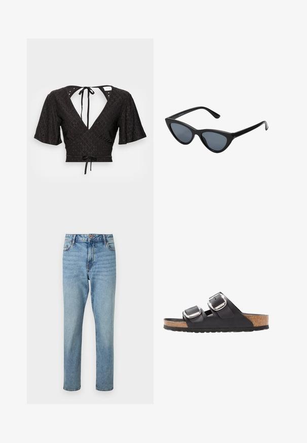 Sort cropped bluse med korte puffærmer, dyb V-udskæring og en sløjfe i ryggen. Stoffet har et tekstureret mønster med udskæringer.; Lyseblå højtaljede jeans med rette ben, forsideknap og lynlåslukning, forlommer og subtile falmede detaljer.; Sort sandal med to justerbare remme, sølvspænder og en korksål på en struktureret sort gummisål.; Sorte katteøje solbriller med mørkegrå linser, slankt plastisk stel, spidse hjørner og lige stænger. Ingen synlig hardware eller dekorationer.