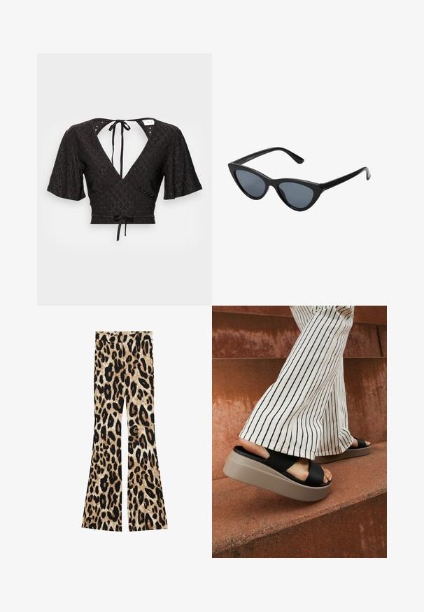 Blouse noire crop avec des manches bouffantes courtes, un décolleté en V profond et un lien au dos. Le tissu présente un motif texturé avec des découpes.; Pantalons évasés avec un motif léopard dans des tons de noir et de marron, texture côtelée et une taille haute.; Des sandales noires à semelles plates avec une large sangle croisée, dotées d'une épaisse semelle en platform beige, associées à un pantalon évasé rayé crème sur une surface rougeâtre.; Lunettes de soleil noires en forme d'œil de chat avec des verres gris foncé, monture en plastique élégante, coins pointus et branches droites. Pas de métal visible ni d'accents.