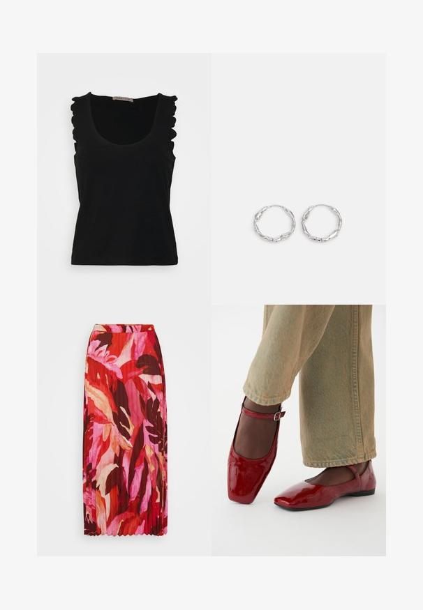 Anna Field by Zalando Top - black; Plisseret maxinederdragt med et livligt blomstermotiv i nuancer af rød, pink og creme; lavet af letvægtsstof med elastisk talje.; Røde patentlæder sko med firkantet tå, lav hæl og ankelrem, parret med lysegrønne vide bukser. Glat tekstur, reflekterende overflade.; Sølv hoops med en bølget, uregelmæssig tekstur. Har en tynd, cirkulær form og en reflekterende finish.