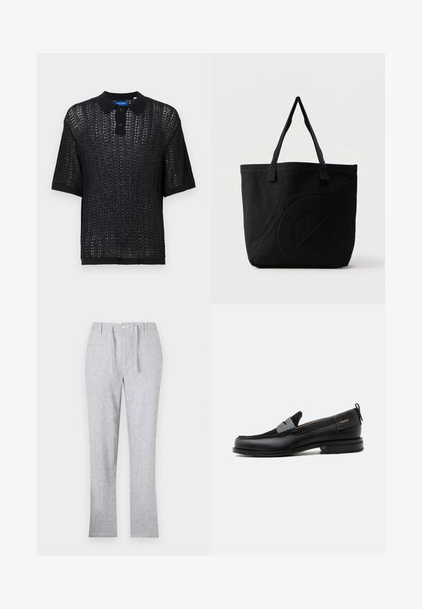 Schwarzes Kurzarm-Polo mit gewebter Textur, ausgestattet mit einem Kragen, Knöpfen und gerippten Bündchen. Hergestellt aus leichtem Material.; Hellgraue Hose aus strukturiertem Stoff, mit Knopfverschluss, Gürtelschlaufen und geradem Bein-Design. Keine sichtbaren Muster.; Schwarzer Lederloafer mit grauem Riemendetail, niedrigem Absatz und strukturierter Sohle, seitlich mit „HUGO“ in Gold gebrandmarkt.; Schwarze Canvas-Shopper-Tasche mit zwei Schulterriemen und einem dezenten, eingeprägten kreisförmigen Design auf der Vorderseite.