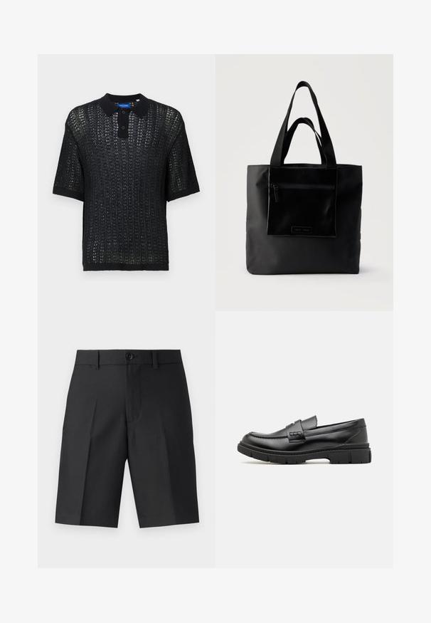 Polo de manga corta negro con textura entrelazada, que presenta un cuello, botones y puños acanalados. Fabricado en material ligero.; Bermudas negras a medida de tela ligera, con corte recto, pliegues simples y cierre frontal de botón.; Mocasin de cuero negro con una cinta ancha en el empeine, suela de goma con tacos gruesos y textura suave. Diseño clásico y elegante.; Bolso tote negro con bolsillo frontal con cremallera y asas dobles, sobre un fondo claro y liso.