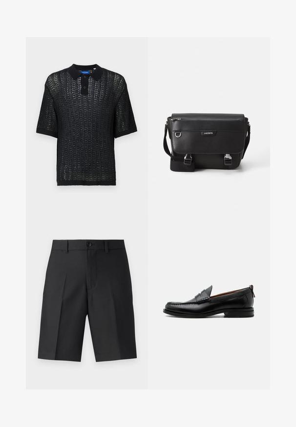 Polo noir à manches courtes avec une texture tissée, doté d'un col, de boutons et de poignets côtelés. Fabriqué en matériau léger.; Shorts noirs ajustés en tissu léger, présentant une coupe droite, des plis simples et une fermeture à bouton à l'avant.; Mocassin homme en cuir noir avec couture moc toe, bride penny, col texturé et petit talon empilé sur fond blanc.; Sac messager Lacoste noir texturé avec bandoulière ajustable, rabat avant, poche zippée et fermetures à boucle en métal.