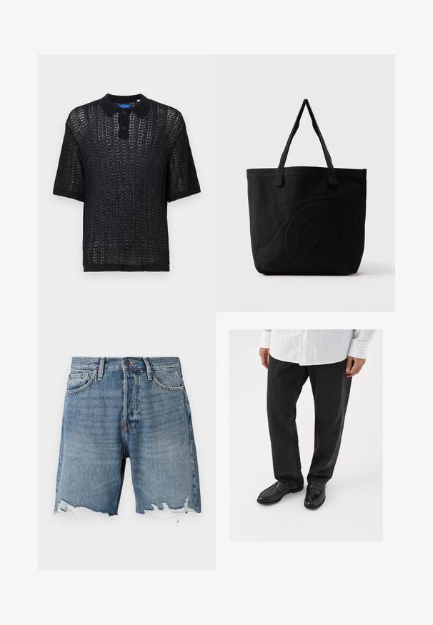 Sort kortærmet polo med vævet tekstur, featuring en krave, knapper og ribbestrikkede manchetter. Fremstillet af letvægtsmateriale.; Lys blå denimshorts med en slidt kant, fem-lomme design og synlig syning. Har en knaplukning i taljen.; Sorte denimbukser parret med skinnende sorte loafers. Skjorten er hvid med tynde lodrette striber, har lange ærmer og en knapkrave.; Sort canvas-tote-taske med to skulderstropper og et diskret præget cirkeldesign på fronten.