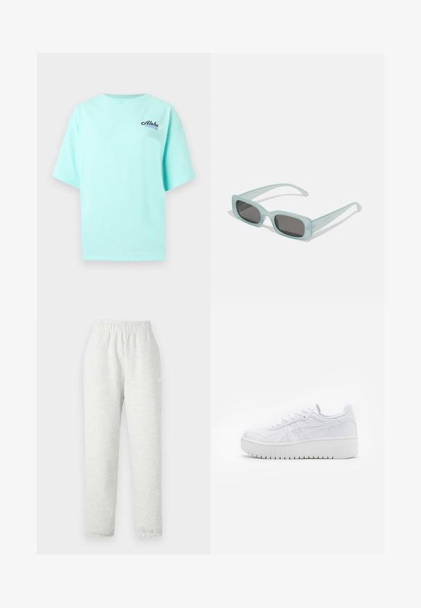 Lyseblå T-shirt med korte ærmer, med teksten "Aloha", en bølgedesign og en lille hvid blomst på venstre bryst.; Lys grå sweatpants med elastisk talje, tapered ben og ribbede manchetter. Fremstillet af et blødt, tekstureret stof. Hvid logo detalje på siden.; Hvide platform sneakers med en glat læderoverflade, perforerede detaljer og flade snørebånd; har en tyk hvid gummisål.; Et par rektangulære solbriller med lyseblå gennemsigtige stel og mørkegrå linser, der har lige templer og minimale hardware detaljer.