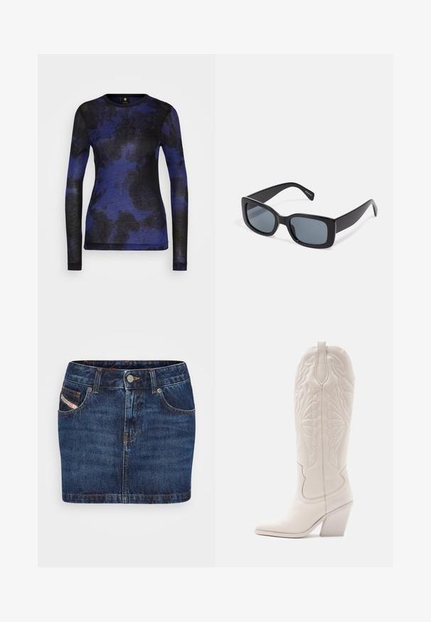 Top à manches longues en bleu et noir avec un motif abstrait, fabriqué en tissu doux, présentant un col rond et une coupe ajustée.; Jupe en denim bleu foncé avec une coupe ajustée, cinq poches et des coutures orange. Inclut un système de fermeture à bouton métallique à la taille.; Bottine de cowboy en cuir blanc avec un bout pointu et un talon bloc. Présente des motifs de broderie complexes sur la tige et une texture lisse.; Lunettes de soleil rectangulaires noires avec des verres teintés foncés, monture en plastique épaisse et branches larges. Surface lisse et design angulaire.