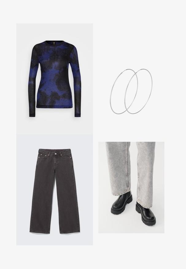 Langärmliges Oberteil in blauem und schwarzem abstraktem Muster, aus weichem Stoff gefertigt, mit Rundhalsausschnitt und tailliertem Design.; Schwarze Jeans mit weitem Bein aus Denim, ausgestattet mit Kupfernieten, fünf Taschen und einem Knopfverschluss. Weiche, robuste Textur, mit einem geraden Schnitt von der Taille bis zum Saum.; Vagabond COSMO - Plateaustiefelette - black; Silberne Creolen mit minimalistischem Design. Rundform, glatte Oberfläche und dünnes Profil. Leichtgewichtig mit hochglänzender Oberfläche.