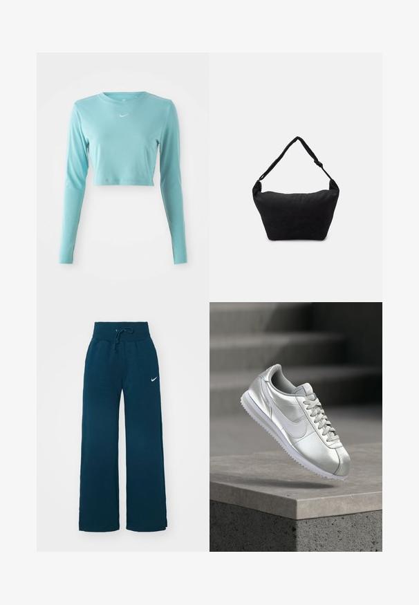 Hele sinine lühikeste varrukatega särk, mis on valmistatud siledast kangast, ümmarguse kaelusega ja rinnal väikese valge logoga.; Nike Sportswear SPORTSWEAR PHOENIX FLEECE - Dresside alumine osa - armory navy/sail; Hõbedane Nike toss valge logoga ja paeltega, hõljumas betoonist ääre kohal, taustal ähmased trepid.; Must mustriga mustriga kott musta kangast, pehme tekstuuriga pinnaga, ümar kuju ja ühe rihmaga. Minimalistlik disain, ilma nähtava riistvara või aktsentideta.