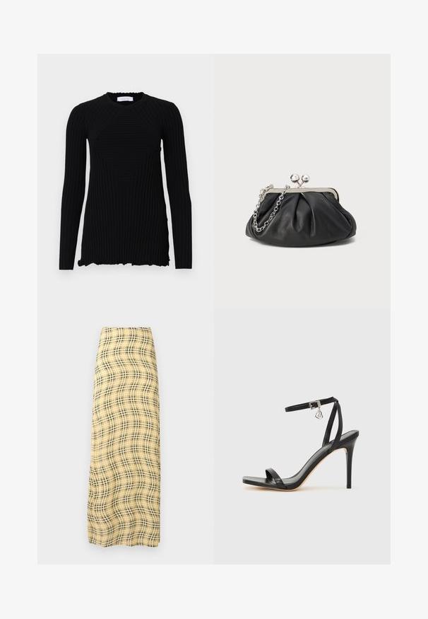 Rabanne Camiseta de manga larga - black; Rabanne Falda larga - green/yellow/cream; Sandalia de tacón alto negra con una estrecha correa en el tobillo, punta cuadrada, material de cuero liso y detalle de hebilla metálica.; Clutch de cuero negro con textura arrugada, marco de metal en tono plateado, cierre de beso y cadena para colgar. Superficie suave y lisa.