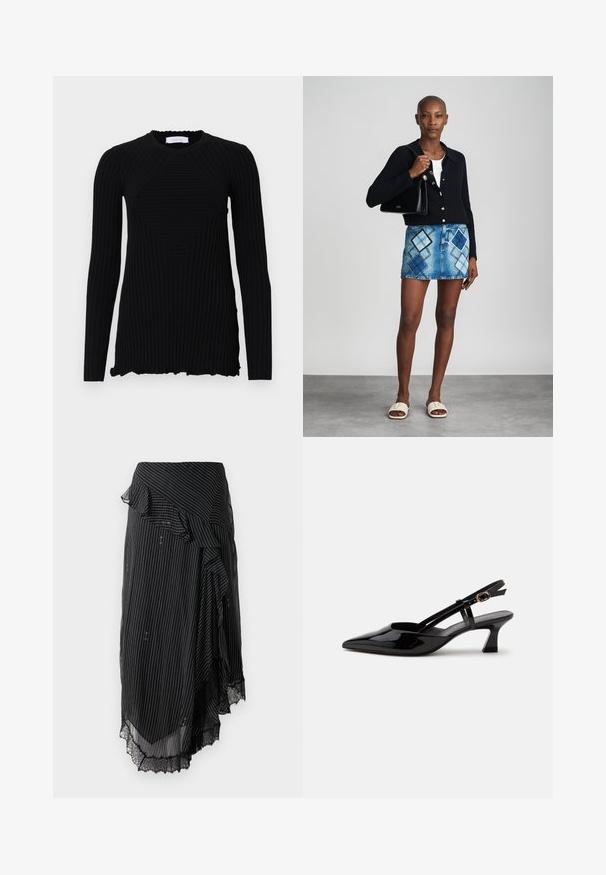 Rabanne Langærmet T-shirt - black; Sort omslagsskjørt med hvide striber, flæsekant og blondekant. Fremstillet af letvægtsstof og med et asymmetrisk design.; Sort laklæderslingback med lille hæl, spids tå og justerbar guldlåsrem på hvid baggrund.; Sort striktrøje, hvid top, denimnederdel med blå og sort diamantmønster, sort håndtaske og beige slidesandaler.