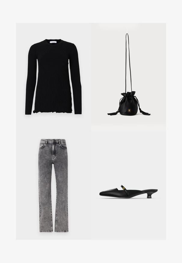 Rabanne Longsleeve - black; Grijze denim hoge taille jeans met een rechte pijp, featuring subtiele wassing en standaard vijf-pocket stijl.; Zwarte mule met puntige neus, lage kittenhak en smalle riem over de wreef met een klein gouden knoopdetail.; Zwarte bucketbag met trekkoord, lange dunne band en klein goudkleurig vierkant logo aan de voorkant, weergegeven tegen een eenvoudige achtergrond.