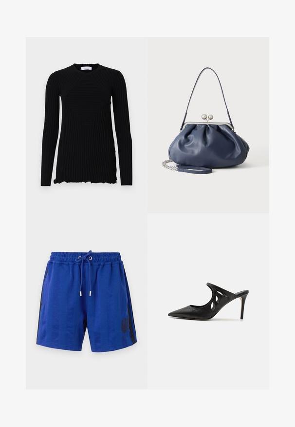 Rabanne Top s dlhým rukávom - black; Modré atletické šortky s elastickým pásom, šnúrkou, bočnými čiernymi pruhmi a kvetinovým erbom. Hladká textúra látky.; Čierne kožené vysoké špičaté papuče s výrezmi po stranách a hladkou textúrou. Stiletto podpätok a jemný steh.; Mäkká námornícky modrá kožená kabelka so strieborným zapínaním, jedným ramenným popruhom a odnímateľným reťazovým náramkom na bielom pozadí.
