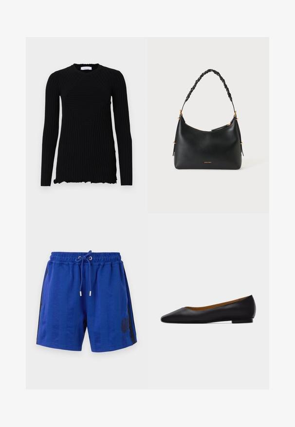 Rabanne Camiseta de manga larga - black; Pantalones cortos deportivos azules con una cintura elástica, cordón, rayas negras laterales y un diseño de heráldica floral. Textura de tela suave.; Zapato plano de punta puntiaguda de cuero negro con tacón bajo y acabado liso, mostrado de perfil sobre un fondo gris claro.; Bolso de mano de cuero negro con asa trenzada, herrajes dorados y el nombre de la marca "Vanessa Bruno" en dorado cerca de la base, mostrado sobre fondo blanco.