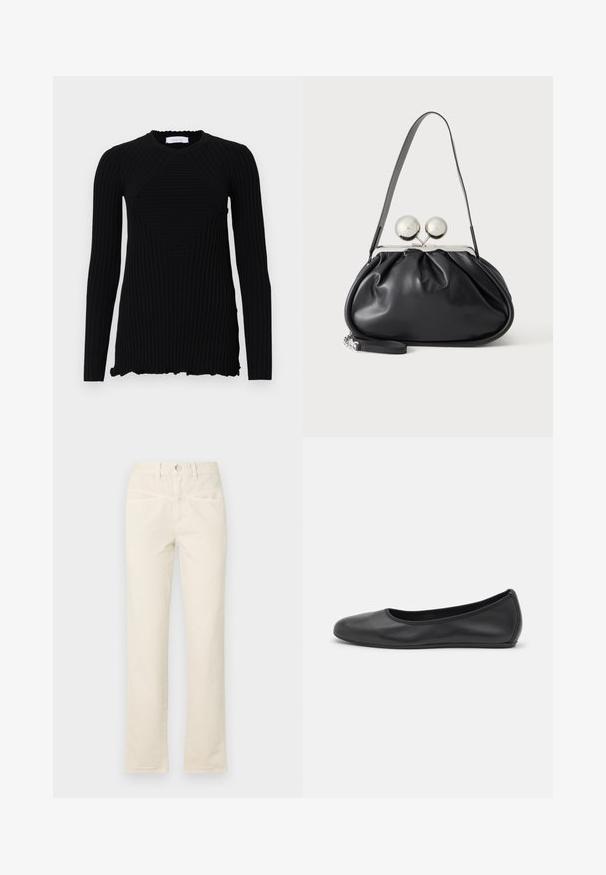 Rabanne Langærmet T-shirt - black; Beige bomuldsbukser med lige ben, featuring en knaplukning og diskrete frontlommer. Nederkanten har en let opfriskning.; Sort læderballetsko med rund tå, glat tekstur, minimal syning og et fleksibelt såldesign.; Sort læderhåndtaske med opsamlet design, en enkelt rem, sølv metalramme og to store runde sølv lukninger.