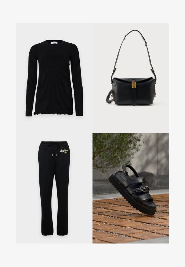 Rabanne Longsleeve - black; Zwarte trainingsbroek met elastische tailleband en koord, voorzien van een kleine gele graphic en elastische boorden bij de enkels.; Zwarte plateau sandaal met drie bandjes, een metalen kettingdetail en een gesp, geplaatst op een bruine betegelde ondergrond buiten, met een vage groene plant op de achtergrond.; Zwarte leren schoudertas met een verstelbare band en gouden sluitingdetails in het midden aan de voorkant.