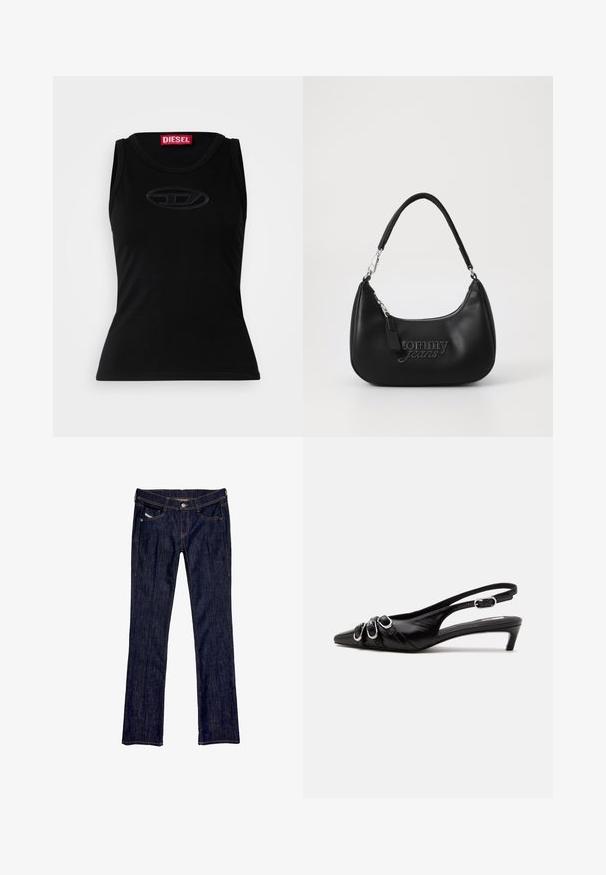 Débardeur sans manches noir en coton doux, avec un logo en relief subtil au centre et une étiquette de marque rouge dans le col.; Jean en denim bleu foncé avec une coupe droite, dotée d'une fermeture à bouton à l'avant, de cinq poches et de coutures visibles le long des coutures.; Chaussure slingback en cuir noir avec bout pointu, trois boucles argentées à l'avant et petit talon kitten sur fond blanc.; Sac à épaule synthétique noir de forme courbée, avec une fermeture éclair en métal argenté et le logo "tommy jeans" en relief à l'avant.