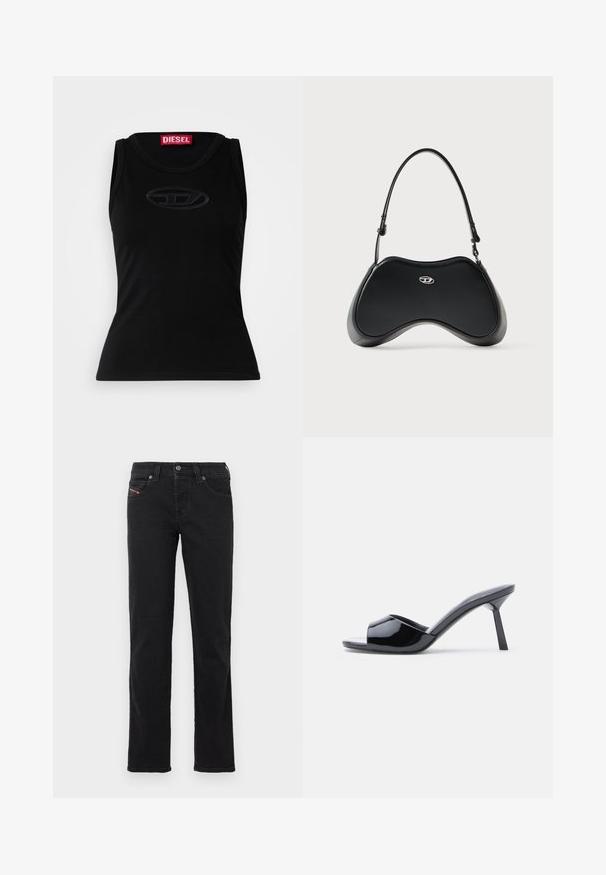 Débardeur sans manches noir en coton doux, avec un logo en relief subtil au centre et une étiquette de marque rouge dans le col.; Jean en denim noir avec une coupe droite, doté d'une fermeture à boutons sur le devant, de cinq poches et de détails de couture subtils.; Sandales à talons ouverts en cuir verni noir, avec un design supérieur incurvé et un talon aiguille effilé. Finition lisse et brillante.; Sac à main en similicuir noir avec une forme incurvée unique, une poignée courte et un détail de logo argenté sur le devant. Texture lisse, design minimaliste.