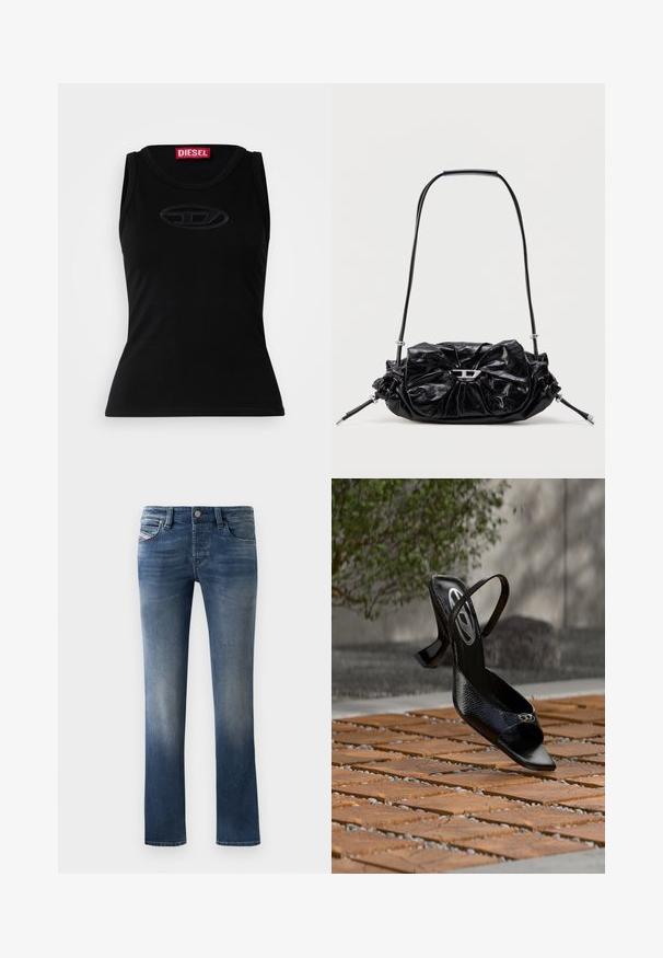 Schwarzes ärmelloses Tanktop aus weicher Baumwolle, mit einem dezenten geprägten Logo in der Mitte und einem roten Markenetikett im Ausschnitt.; Dunkelblaue Jeans aus Denim mit geradem Bein, die dezente Ausbleichungen an den Oberschenkeln und einen klassischen Fünf-Taschen-Stil aufweisen.; Schwarzer Slingback-Pumps mit hohem Absatz, strukturiertem Muster und kleinem Emblem auf der Spitze, schwebt über einem Boden aus Holzkacheln im Freien.; Schwarze Lederhandtasche mit gerafftem Design und Schleifendetail auf der Vorderseite. Verfügt über einen kurzen Griff und silberne Hardware-Akzente.