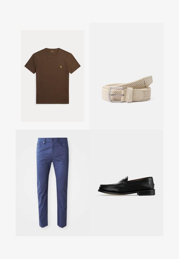 Camiseta marrón de manga corta con cuello redondo y pequeño logotipo amarillo de Polo Ralph Lauren en el pecho izquierdo.; Pantalones de algodón azul marino con un corte ajustado, diseño de cinco bolsillos y cierre frontal con botón. Textura suave con sutiles detalles de costura.; Mocasín masculino de cuero negro con tacón bajo y costura estilo mocasín en la puntera, mostrado de lado sobre un fondo liso.; Cinturón tejido beige hecho de material elástico con una hebilla de metal plateado y acentos de ante. Presenta un patrón texturizado en todo su recorrido.