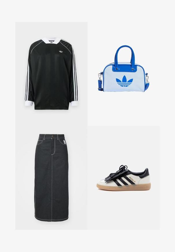 Zwart shirt met lange mouwen en een V-hals, met verticale strepen, witte accenten en drie witte strepen op elke mouw. Klein logo op de borst.; Zwarte denim midi-rok met witte verticale strepen. Heeft een knoop taille, twee voorzakken en contrasterende stiksels. Rechte snit.; Witte en zwarte Adidas Spezial sneaker met een gumzool, zwarte strepen en een zwarte veterhoes op een effen lichte achtergrond.; Blauw-witte handtas met een glanzende afwerking, voorzien van twee blauwe handvaten, een afneembare schouderriem en een opvallend blauw logo aan de voorkant.
