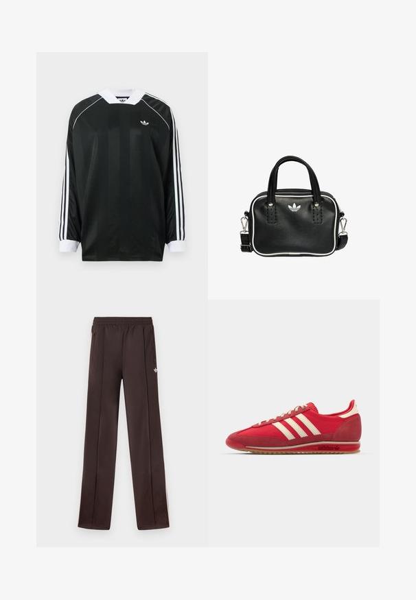 Sort langærmet skjorte med V-hals, med vertikale striber, hvide detaljer og tre hvide striber på hver ærme. Lille logo på brystet.; Mørkebrune Adidas træningsbukser med elastik i taljen, sidelommer med lynlås og lille hvid Trefoil-logo på højre lår.; Rød atletisk sneakers med en tekstureret overdel, tre hvide striber, rund tå og gummisål med logodetaljer på siden.; Sort læderhandtaske med to korte håndtag, sølvhardware, hvide accenter og et hvidt logo. Har en struktureret overflade og et kompakt design.