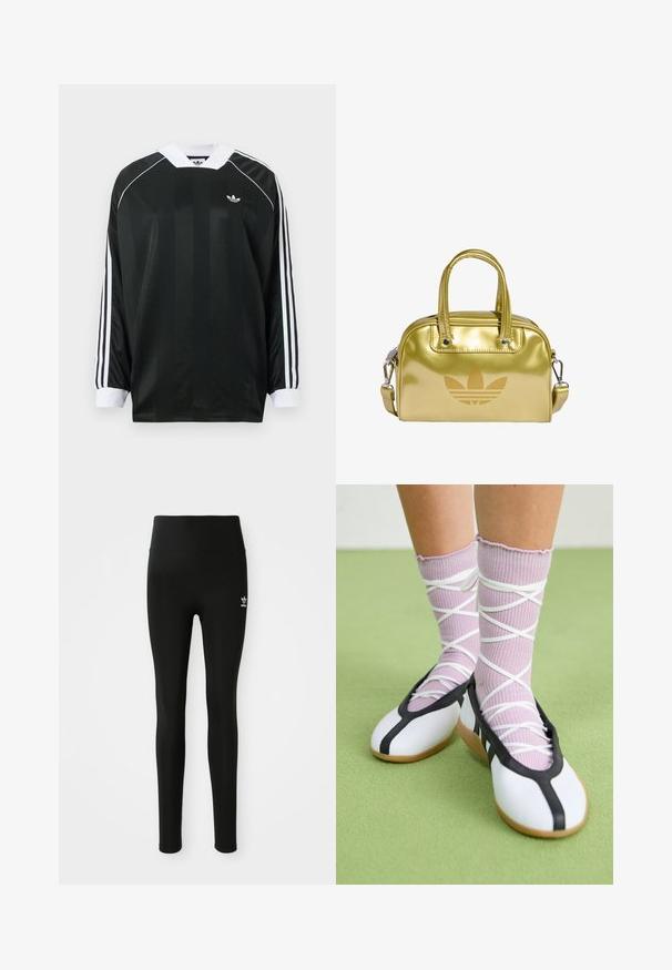 Musta pitkähihainen V-kauluksella varustettu paita, jossa on pystysuoria raitoja, valkoisia yksityiskohtia ja kolme valkoista raitaa jokaisessa hihassa. Pieni logo rinnassa.; Mustat leggingit, jotka on valmistettu joustavasta materiaalista ja joissa on korkea vyötärö, vasemmassa lahkeessa on pieni valkoinen Adidas-logo. Sujuva pinta.; Jalat, joissa on ribbineuloksiset laventelinväriset sukat, joissa on valkoiset ristikkäiset hihnat, yhdistettyinä valkoisiin balettikenkiin, joissa on mustat reunukset vihreällä lattialla.; Kultainen metallinen käsilaukku, jossa on kaksikahvaista muotoilua, vetoketjulla suljettava pääsy ja irrotettava olkahihna. Edessä on kohokuvioitu logo ja sileä pinta.