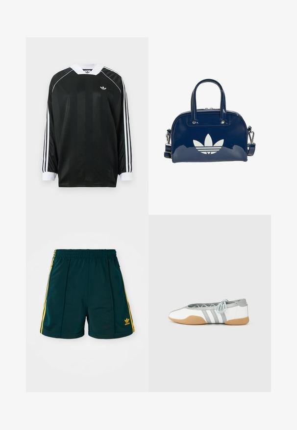 Sort langærmet skjorte med V-hals, med vertikale striber, hvide detaljer og tre hvide striber på hver ærme. Lille logo på brystet.; Mørkegrønne sportsshorts med elastisk talje, prydet med gule sidelister og et broderet gult logo på underbenet.; Hvide og grå balletsko med rund tå og elastisk snøre, med tre grå striber og en beige gummisål.; Skinnende mørkeblå håndtaske med dobbelte håndtag og justerbar rem, med en stor hvid Adidas trefoil-logo på forsiden.