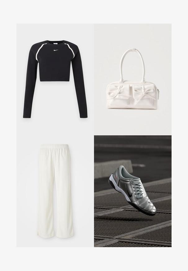 Sort langærmet cropped sports top med hvide buede skulderstriber og lille hvid Nike swoosh-logo i midten af brystet.; Cremefarvede bukser med bred ben-design, lavet af letvægtsmateriale, med lodrette striber og en elastisk talje.; Sølv Nike sko med en glat finish, der har et snørebåndsdesign og en sort ydersål. Tekstureret overdel med subtile accenter og logo.; Hvid syntetisk håndtaske med to forlommer, hver med en bundet sløjfedetalje. Glat tekstur, afrundede håndtag og lynlås lukning.
