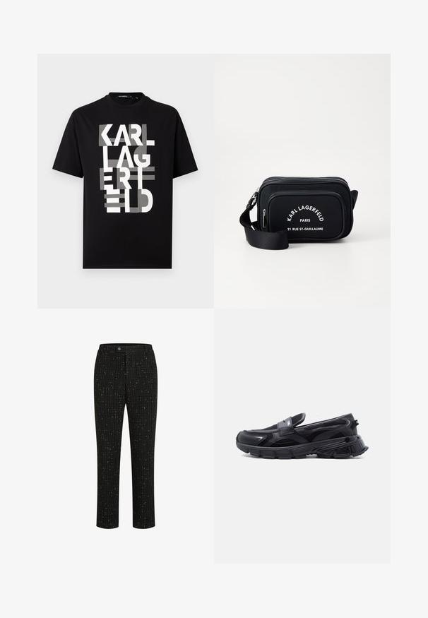 Sort kortærmet T-shirt med stor hvid stiliseret tekst "KARL LAGERFELD" stablet lodret på forsiden.; Sorte skræddersyede bukser med et tekstureret mønster af tynde hvide lodrette linjer, en lige pasform og en knaplukning i taljen.; Sort slip-on sneaker med tyk tekstureret sål og meshpaneler, designet til afslappet og atletisk brug.; Sort nylon crossover taske med hvid tekst og branding, der har en lynlåslomme og justerbar rem. Firkantet form med glat struktur.