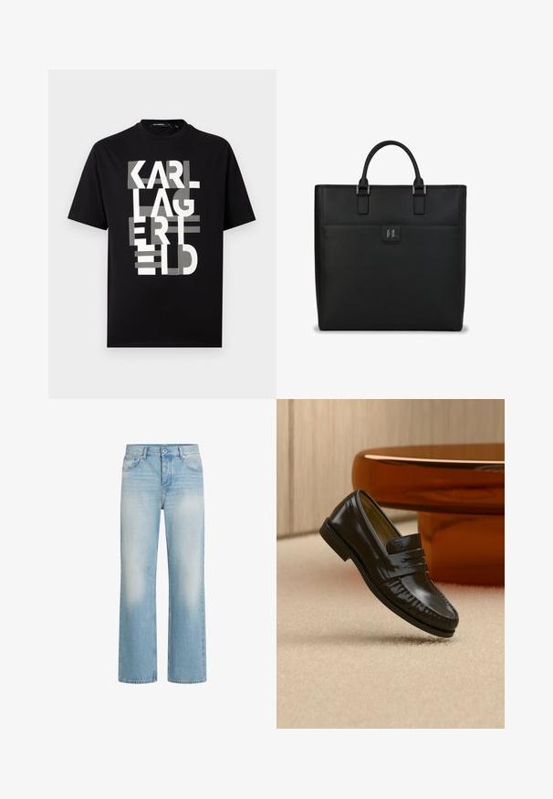 Must lühikeste varrukatega t-särk, millel on esiküljel suur valge stiliseeritud tekst "KARL LAGERFELD", mis on vertikaalselt kuhjatud.; Heledad sinised teksad sirge jala disainiga, pleekimisdetailid, viie-tasku stiil, nupuga sulgemine ja vöörihmadega vöökohal.; Läikiv must nahast loafer rihmakujundusega, asetatud beeži vaiba peale ümara pruuni kohvilaua kõrvale pehmel valgustusega toas.; Mustast nahast tote-kott, millel on struktureeritud ristkülikukujuline kuju, kaks ülemist käepidet, hõbedased aksessuaarid ja esiküljel logo sisaldav tasku.