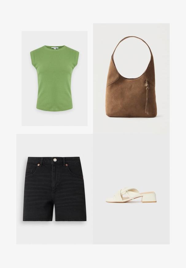 Haut tricoté vert côtelé sans manches avec encolure ronde, ourlet droit et rembourrage discret aux épaules.; Short en denim noir avec fermeture à boutons devant, passants de ceinture, deux poches avant et une petite poche à monnaie, présenté à plat sur fond blanc.; Sandales à talons bloc couleur crème avec des brides torsadées et un lit de pied plat. Matériau synthétique lisse avec une finition mate.; Sac à épaule en daim marron avec une bandoulière unique, un haut incurvé et un petit pompon avec un charme doré sur le côté, sur un fond uni.
