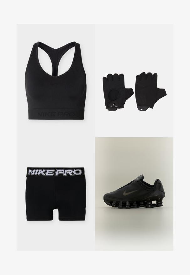 Černá sportovní podprsenka Nike Pro s designem racerback a elastickou páskou ve spodní části s jemným logem Nike a značkovým označením.; Černé kompresní šortky Nike Pro se širokým pasem a velkým stříbrným nápisem "NIKE PRO".; Černý teniska Nike se zipem na svršku a výraznou pružinovou segmentovanou podrážkou, zobrazená z bočního profilu na neutrálním pozadí.; Černé bezprsté rukavice s texturovaným designem. Vyrobené z prodyšného materiálu, s otvorem na palec a vyztuženou dlaní pro lepší úchop.